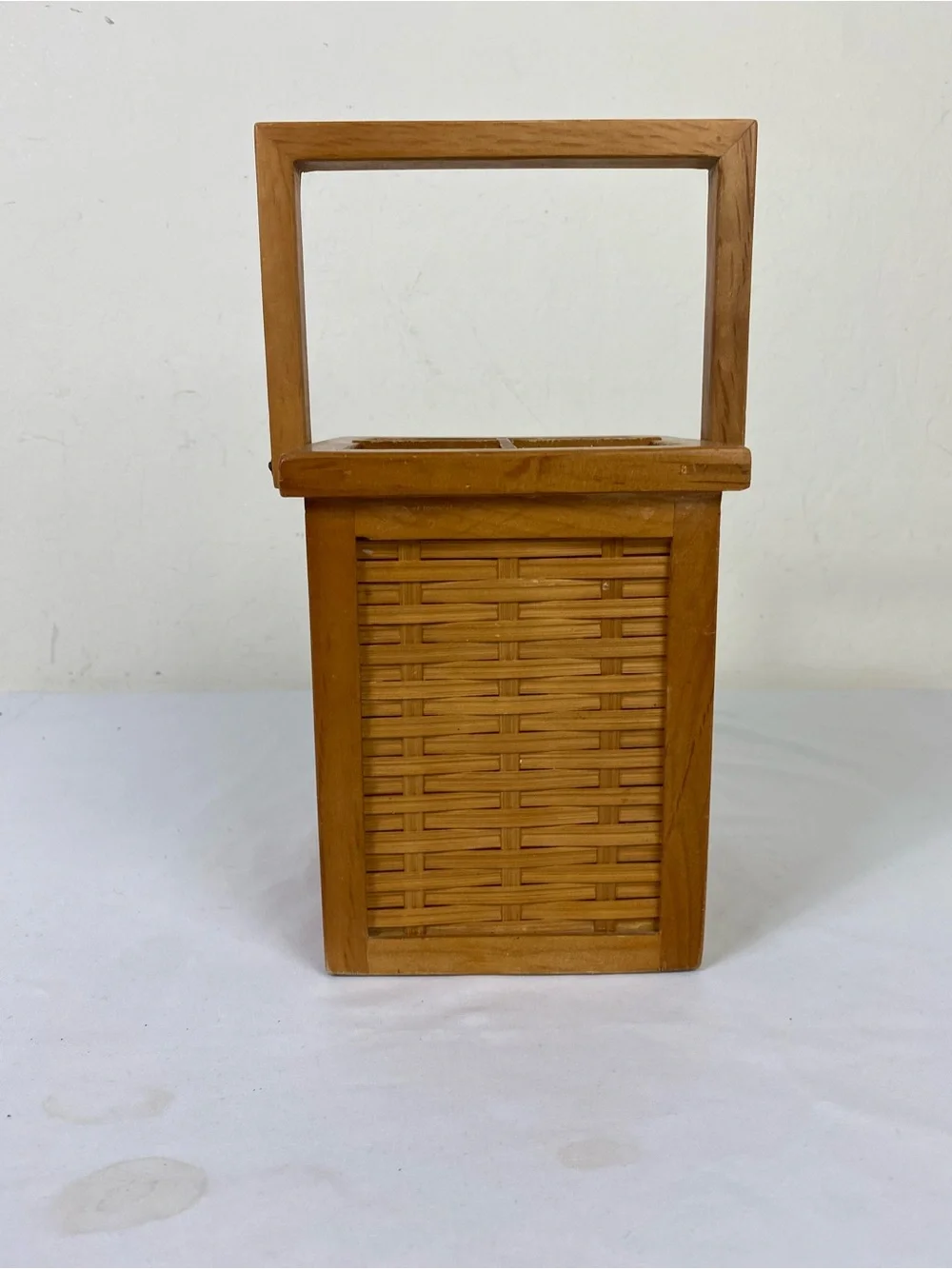 Vintage Wooden Woven Utensils Basket Tote in Honey Brown